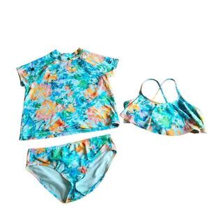 Athleta girls Rash Guards XXL-16 blue multicolor floral 3 pc swimwear